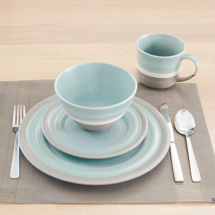 Blue and Gray Sixteen Piece Round Tone on Tone Ceramic Service For Four Dinnerware Set