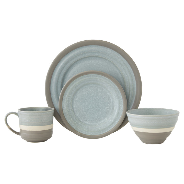 Blue and Gray Sixteen Piece Round Tone on Tone Ceramic Service For Four Dinnerware Set