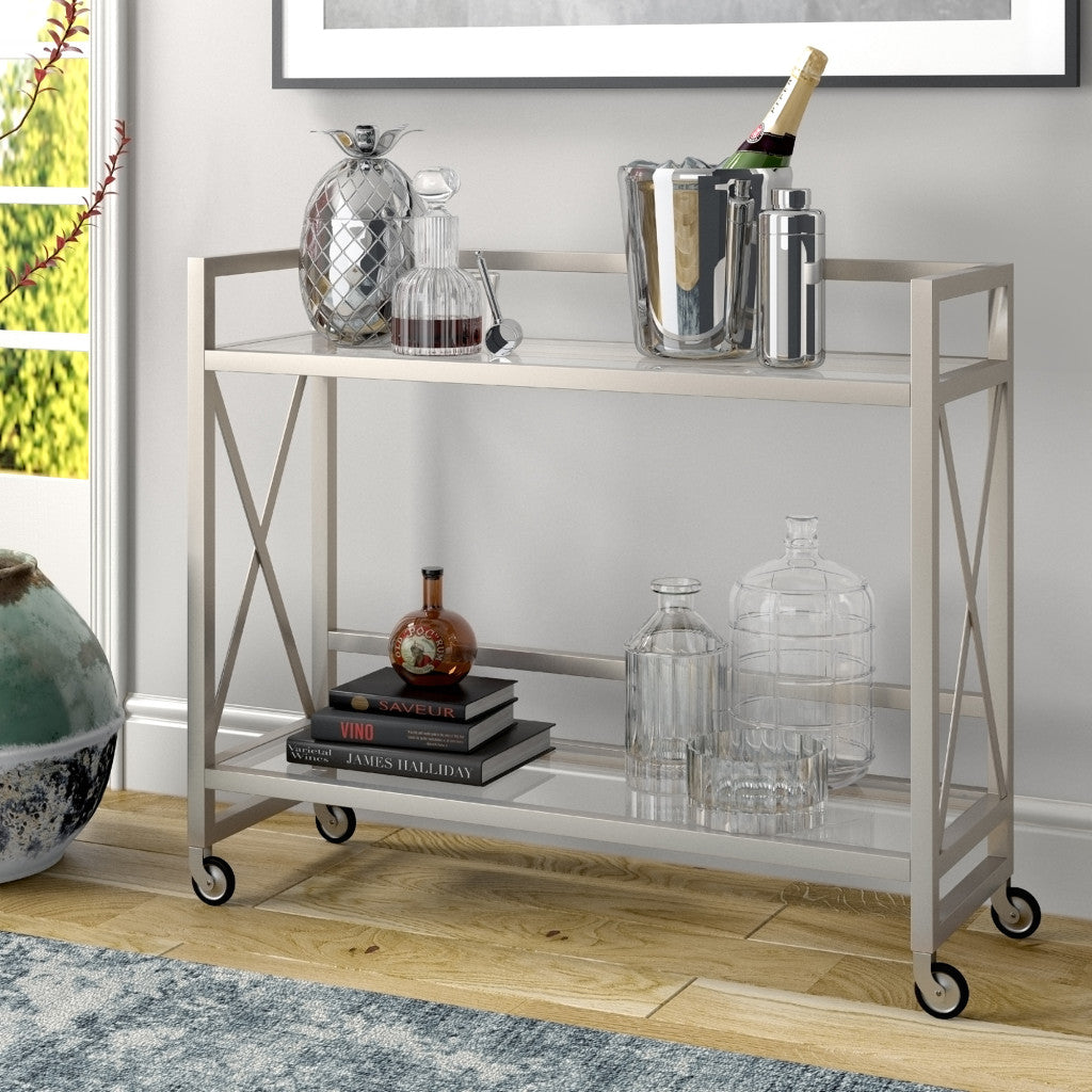 Nickel Steel And Glass Rolling Bar Cart