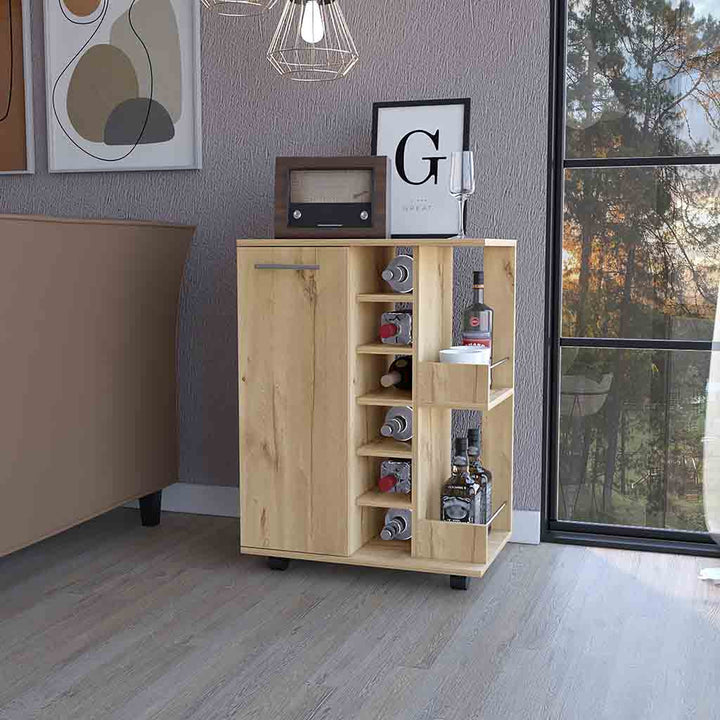 Oak Rolling Bar Cart With Wine Storage