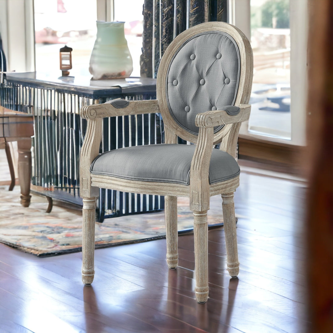 Tufted Gray and Brown Upholstered Linen Dining Arm Chair