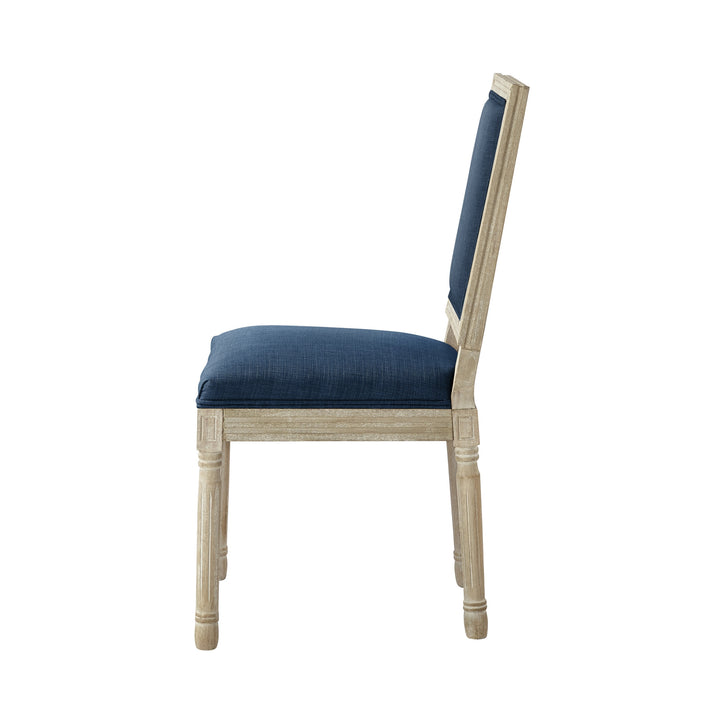 Set of Two Navy Blue and Brown Upholstered Linen Dining Side Chairs