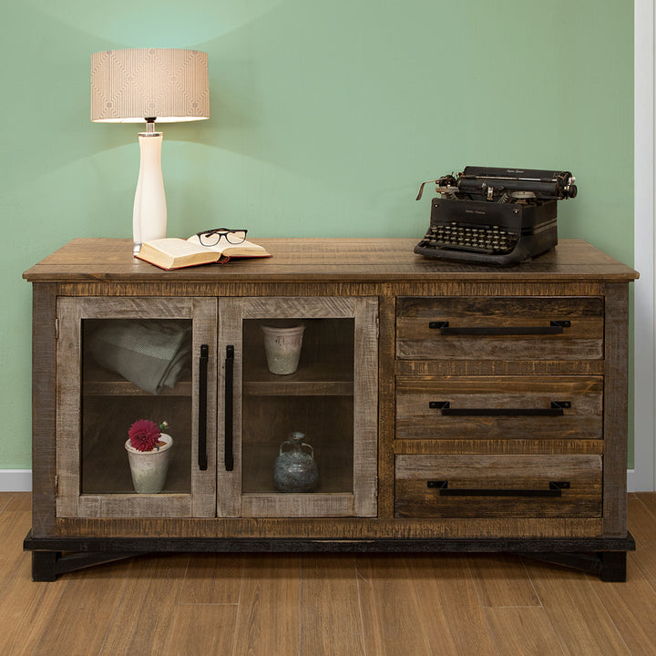 60" Brown Solid and Manufactured Wood Distressed Buffet Table