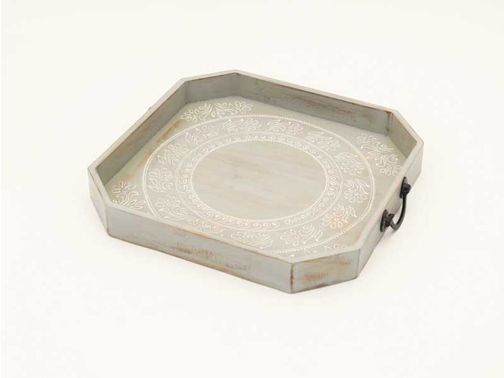 Set Of Two Gray and White Octagon Solid Wood Paisley Handmade Serving Tray With Handles