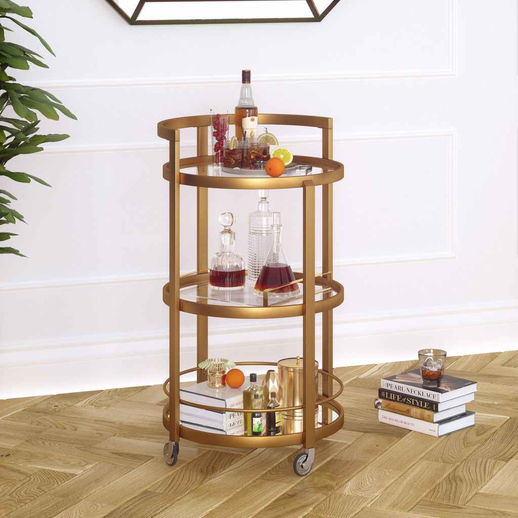 Brass Steel And Glass Round Rolling Bar Cart