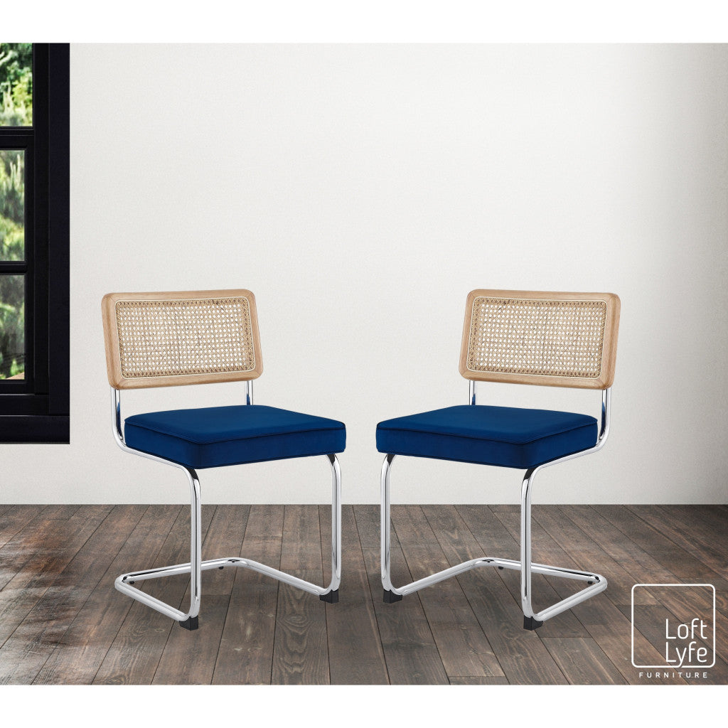 Set of Two Navy Blue and Silver Upholstered Velvet Dining Side Chairs