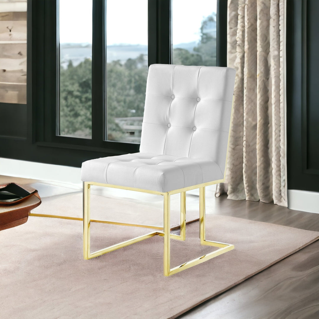 Set of Two Tufted White and Gold Upholstered Faux Leather Dining Side Chairs