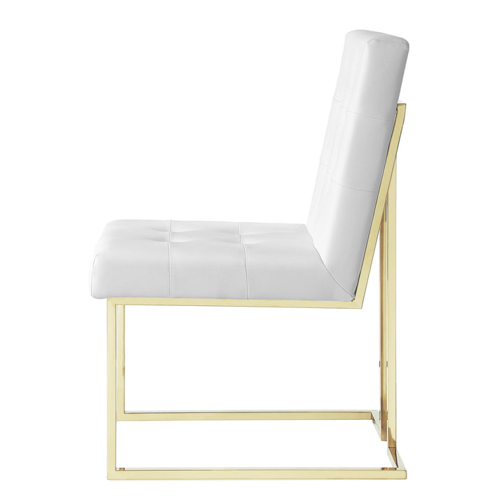 Set of Two Tufted White and Gold Upholstered Faux Leather Dining Side Chairs