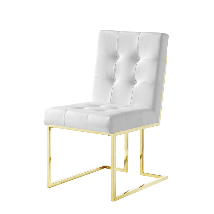 Set of Two Tufted White and Gold Upholstered Faux Leather Dining Side Chairs