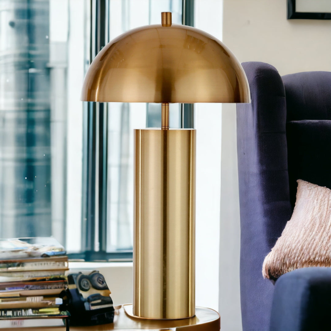 27" Brass Metal Table Lamp With Brass Dome Shade