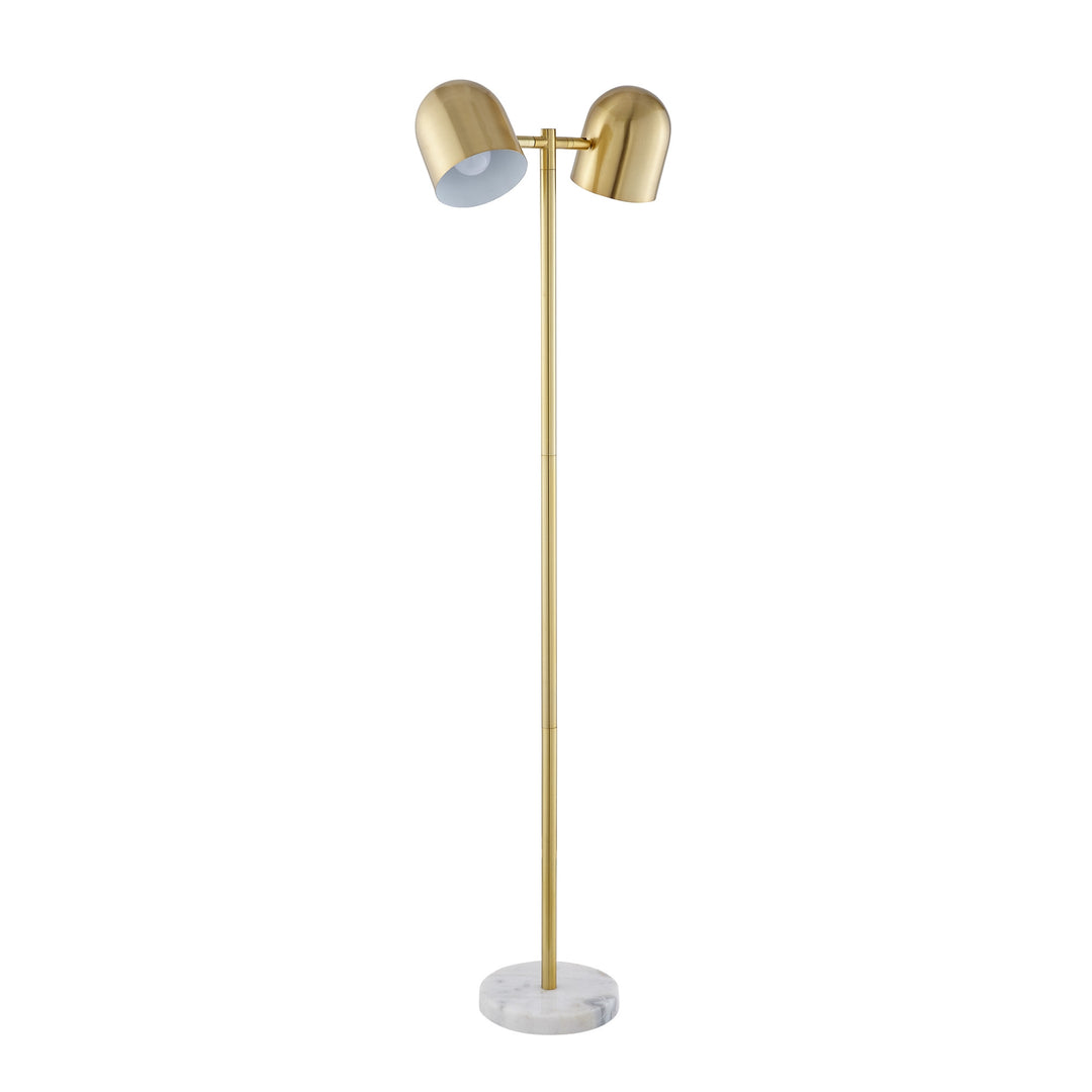 58" Gold and White Two Light Floor Lamp With Brass Bell Shades