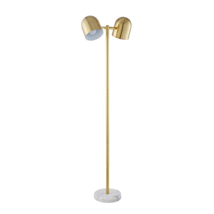 58" Gold and White Two Light Floor Lamp With Brass Bell Shades