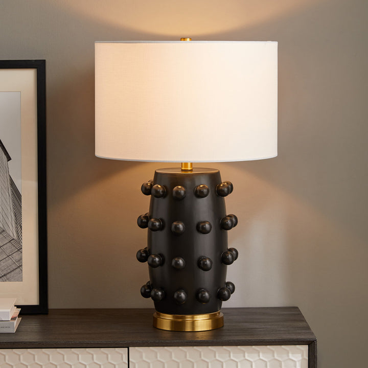 26" Black and Gold Ceramic Abstract Table Lamp With White Drum Shade