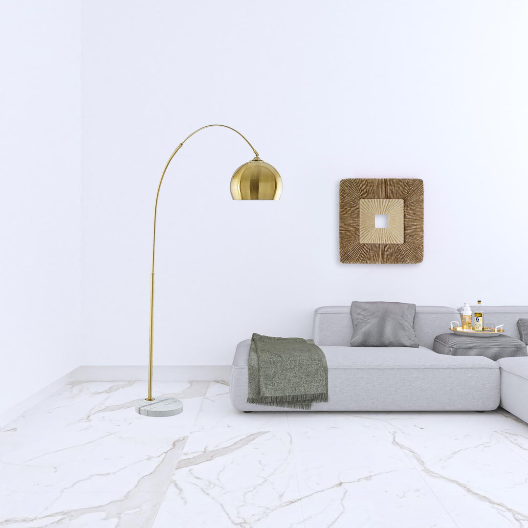 76" Brass Arched Floor Lamp With Brass Dome Shade