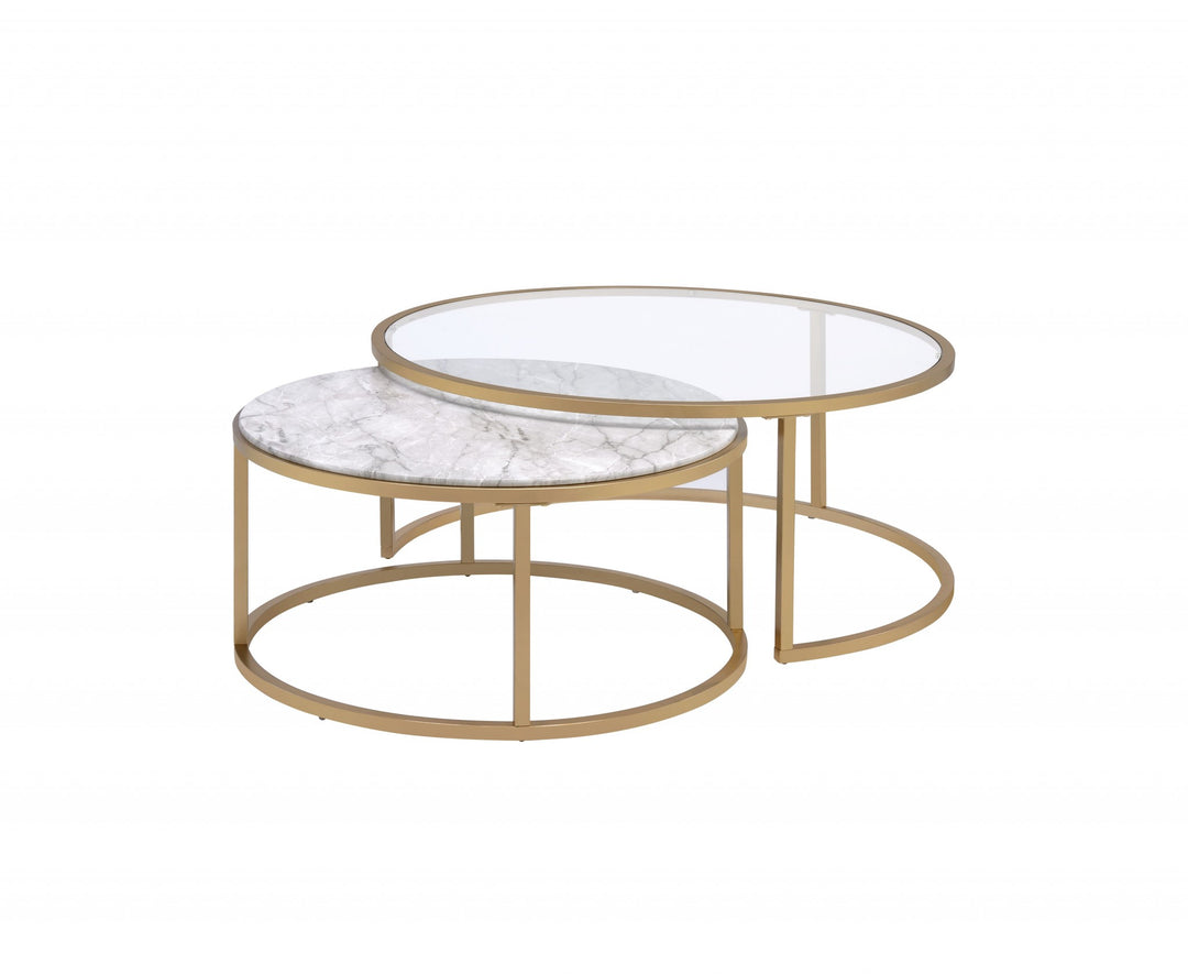 16" Gold And Clear Glass Round Mirrored Nested Tables