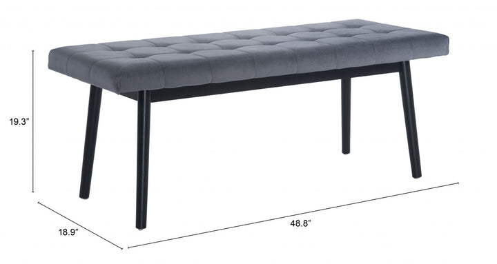 49" Gray and Black Upholstered Velvet Bench