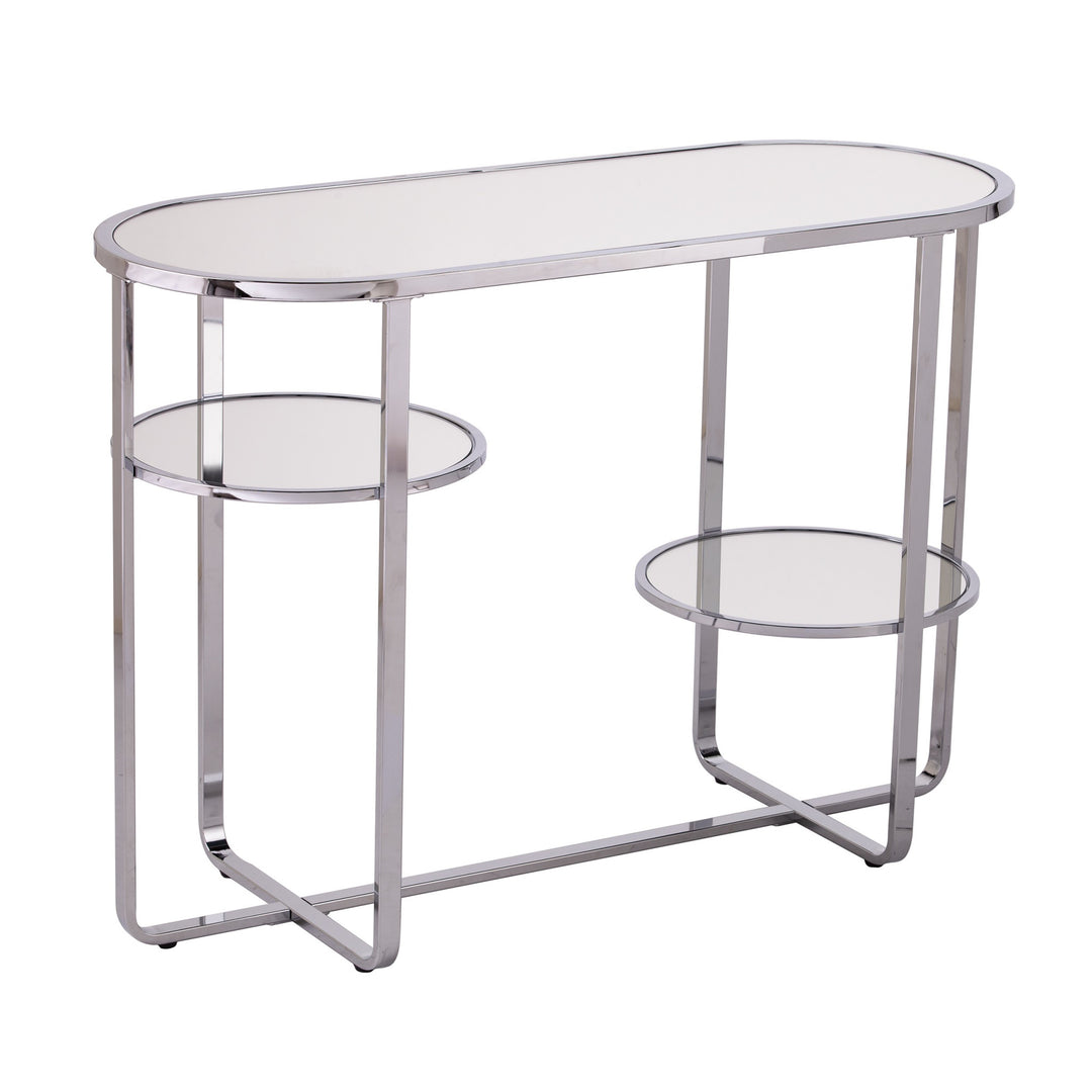 42" Clear and Silver Mirrored Glass Oval Frame Console Table With Storage