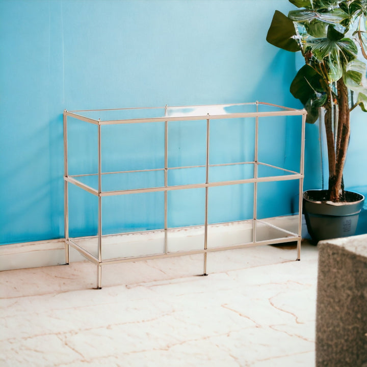 42" Clear and Gold Glass Mirrored Floor Shelf Console Table With Storage