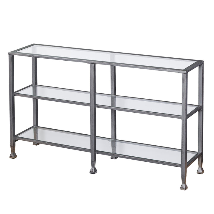 49" Clear and Silver Glass Distressed Floor Shelf Console Table With Storage