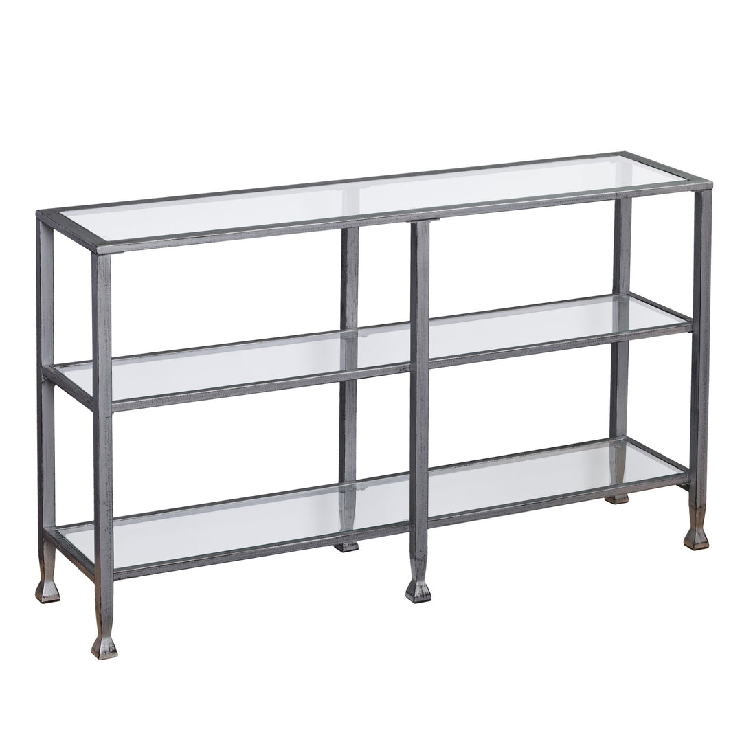 49" Clear and Silver Glass Distressed Floor Shelf Console Table With Storage