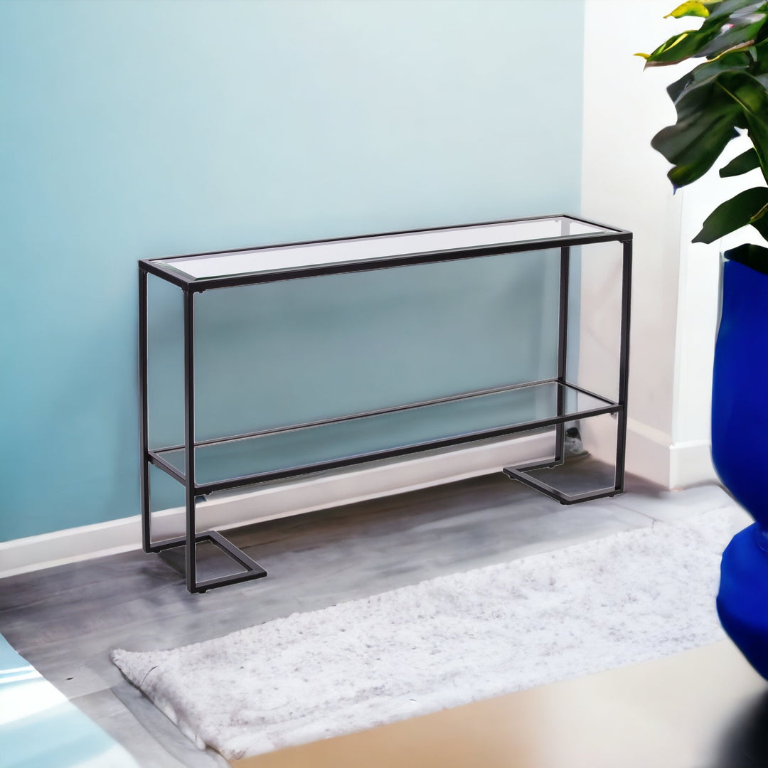 52" Clear and Black Glass Mirrored Frame Console Table With Storage