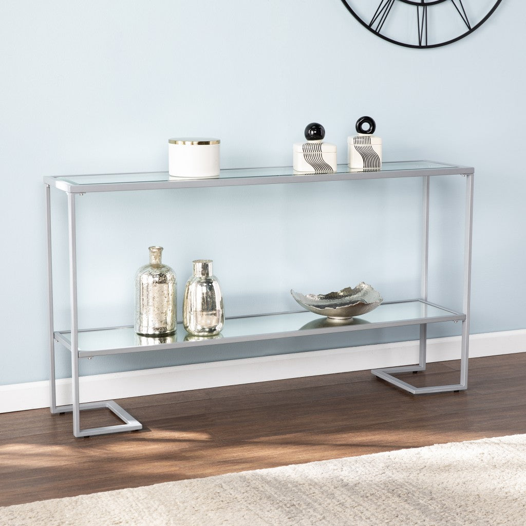 52" Clear and Silver Glass Mirrored Frame Console Table With Storage