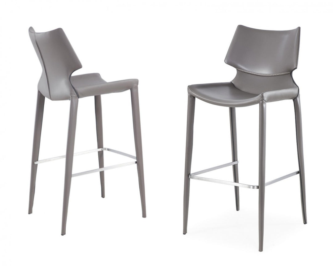 Set of Two 30" Gray Faux Leather And Steel Low Back Bar Height Bar Chairs