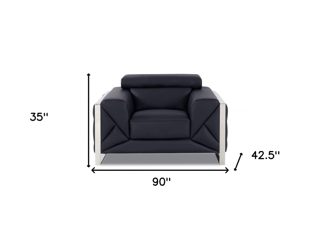 Three Piece Indoor Black Italian Leather Six Person Seating Set