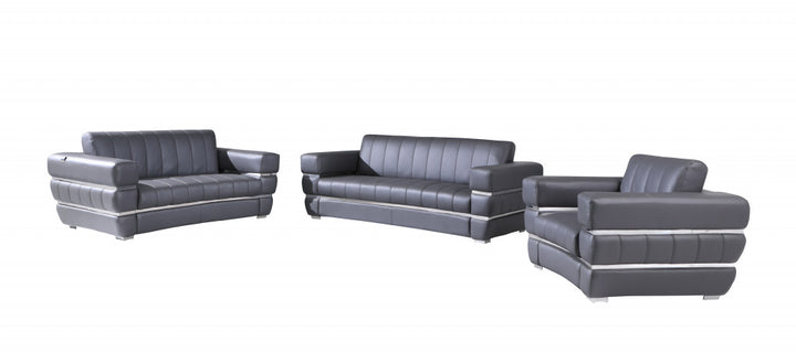 Three Piece Indoor Dark Gray Italian Leather Six Person Seating Set