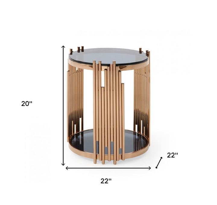 Stylish Round Rose Gold And Smoked Glass End Table