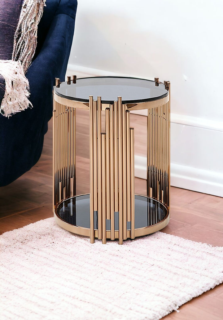 Stylish Round Rose Gold And Smoked Glass End Table