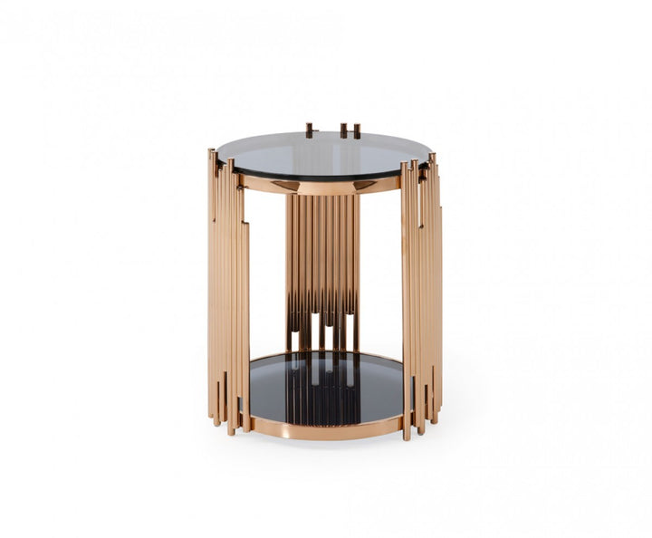 Stylish Round Rose Gold And Smoked Glass End Table