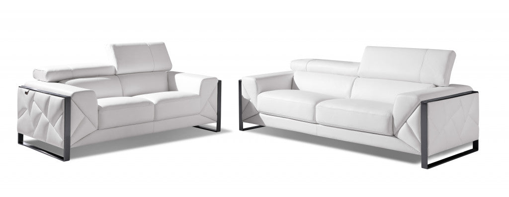 Two Piece Indoor White Italian Leather Five Person Seating Set