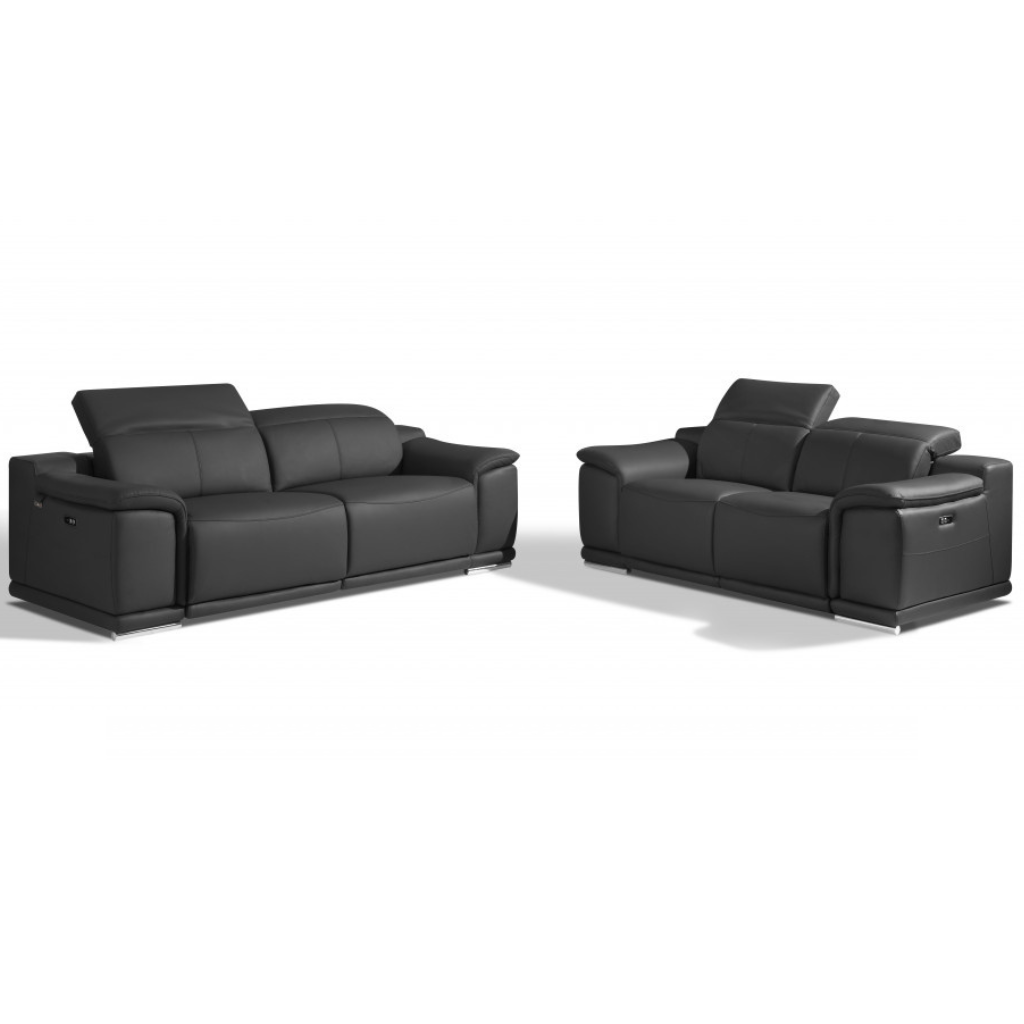 Two Piece Indoor Dark Gray Italian Leather Five Person Seating Set