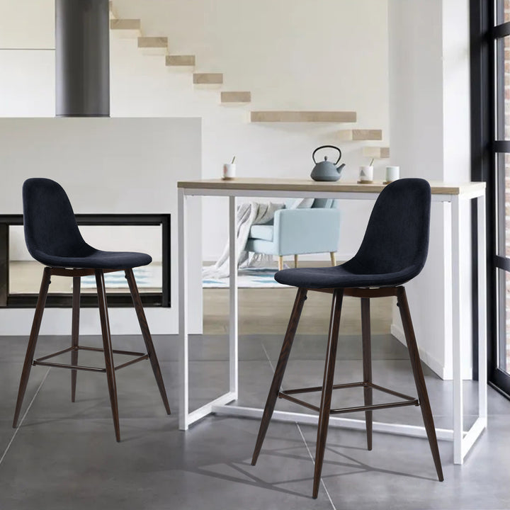 Set of Two 26" Blue And Brown Velvet And Steel Counter Height Bar Chairs