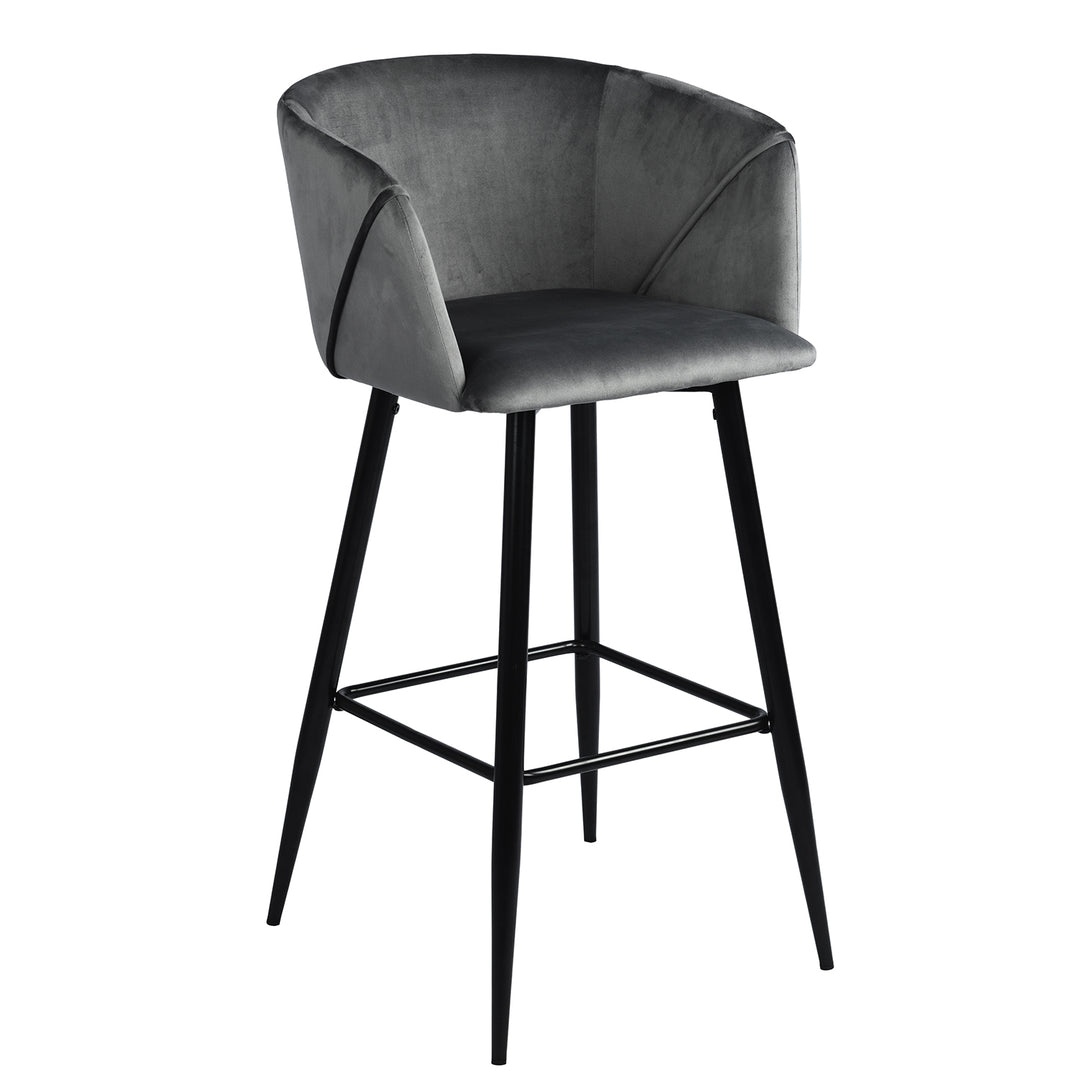 Set of Two 28" Gray And Black Velvet And Steel Low Back Bar Height Bar Chairs