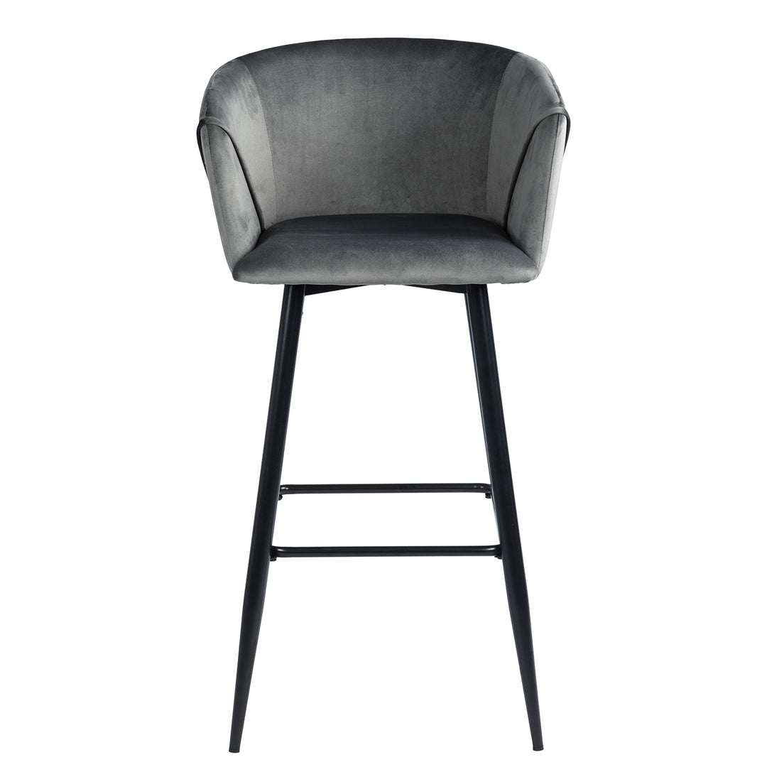 Set of Two 28" Gray And Black Velvet And Steel Low Back Bar Height Bar Chairs