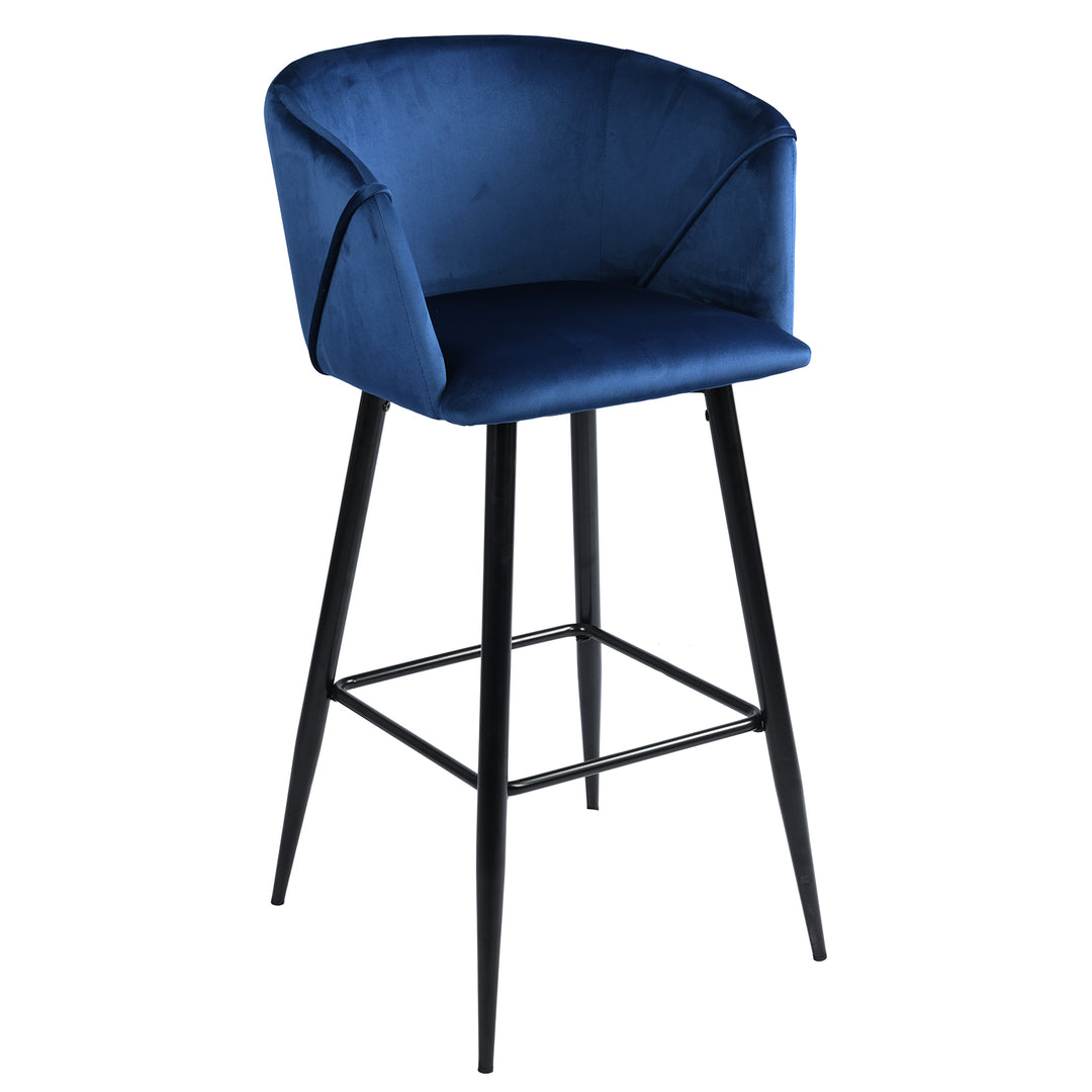 Set of Two 28" Blue And Black Velvet And Steel Low Back Bar Height Bar Chairs