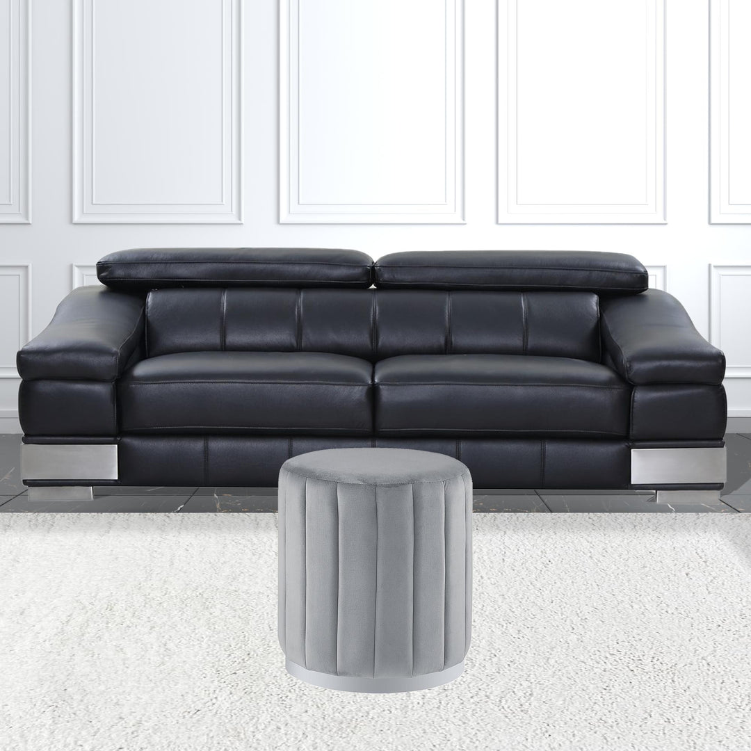 16" Gray Velvet And Silver Round Ottoman