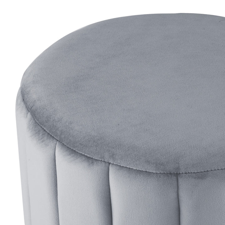 16" Gray Velvet And Silver Round Ottoman