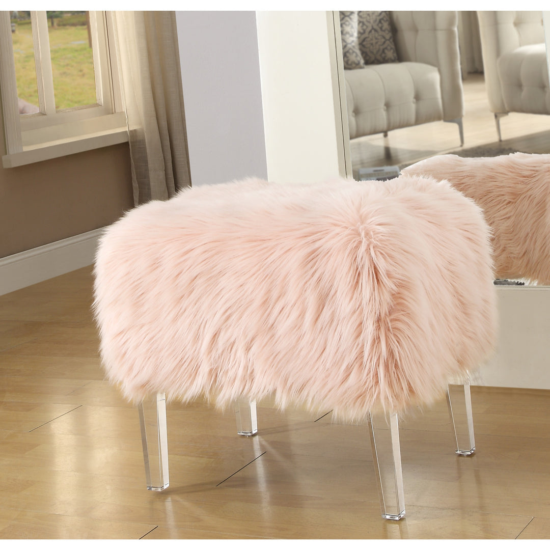 19" Rose Faux Fur And Clear Ottoman