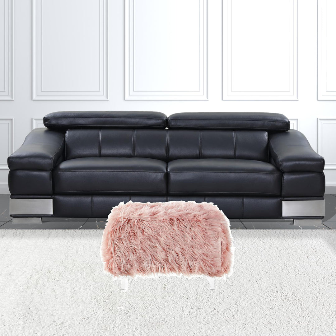 19" Rose Faux Fur And Clear Ottoman