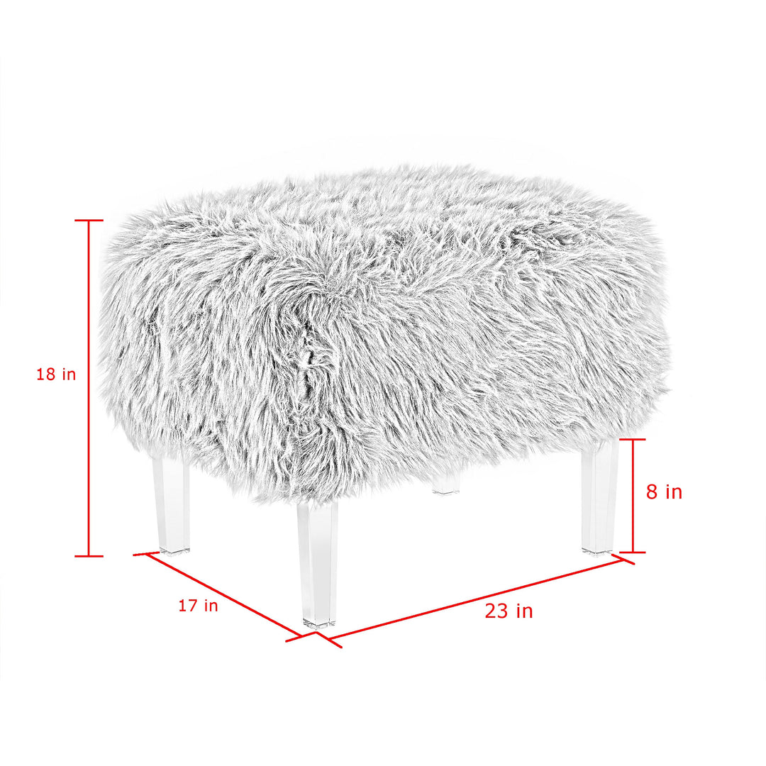 19" Rose Faux Fur And Clear Ottoman