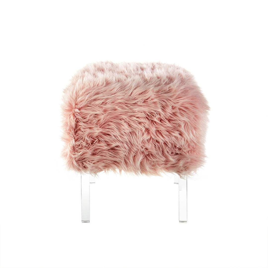 19" Rose Faux Fur And Clear Ottoman