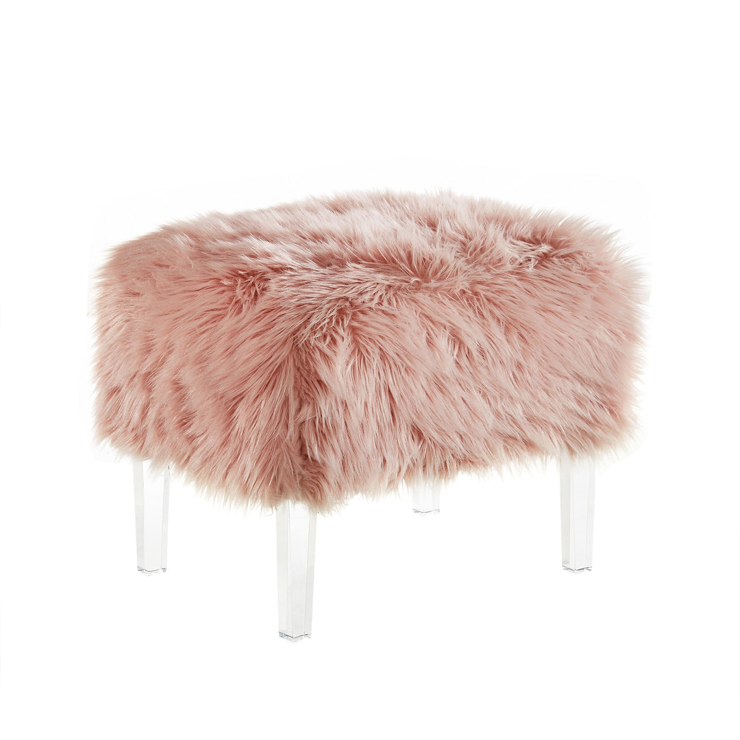 19" Rose Faux Fur And Clear Ottoman