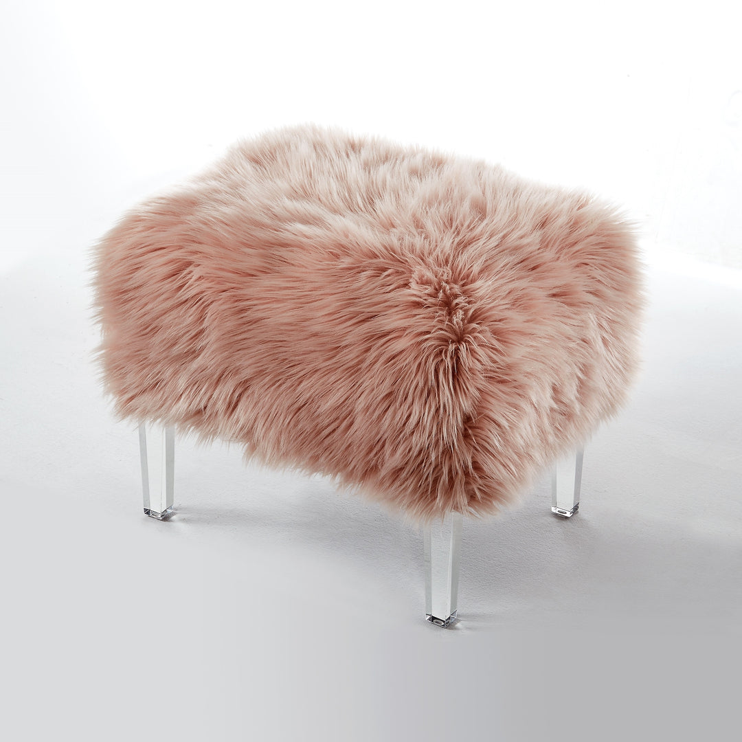 19" Rose Faux Fur And Clear Ottoman