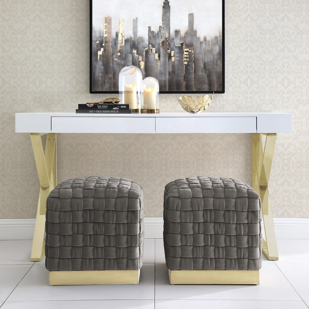 17" Taupe Velvet And Gold Ottoman