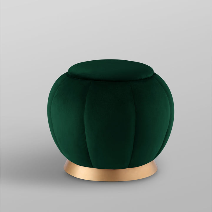 20" Hunter Green Velvet And Gold Round Ottoman