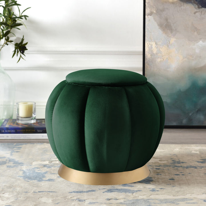 20" Hunter Green Velvet And Gold Round Ottoman