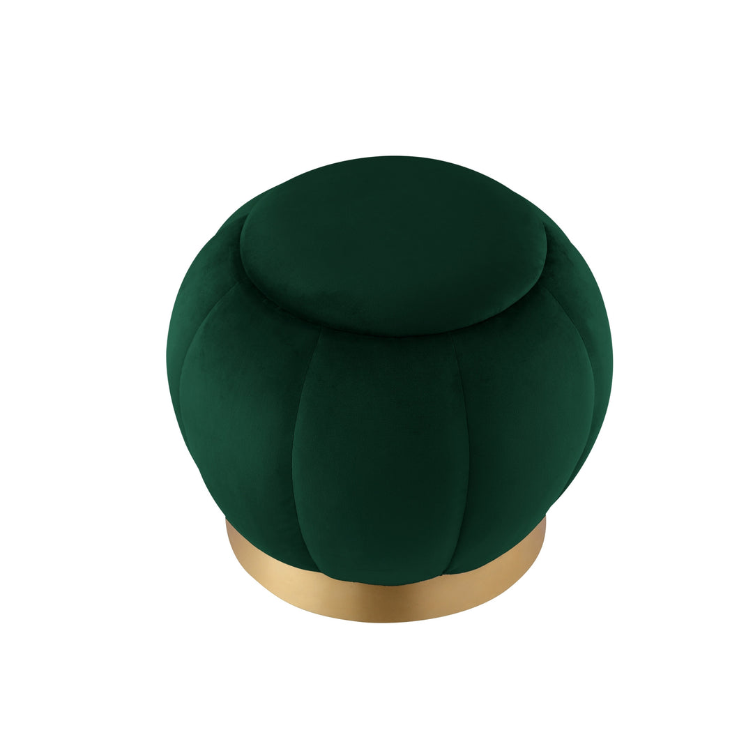 20" Hunter Green Velvet And Gold Round Ottoman